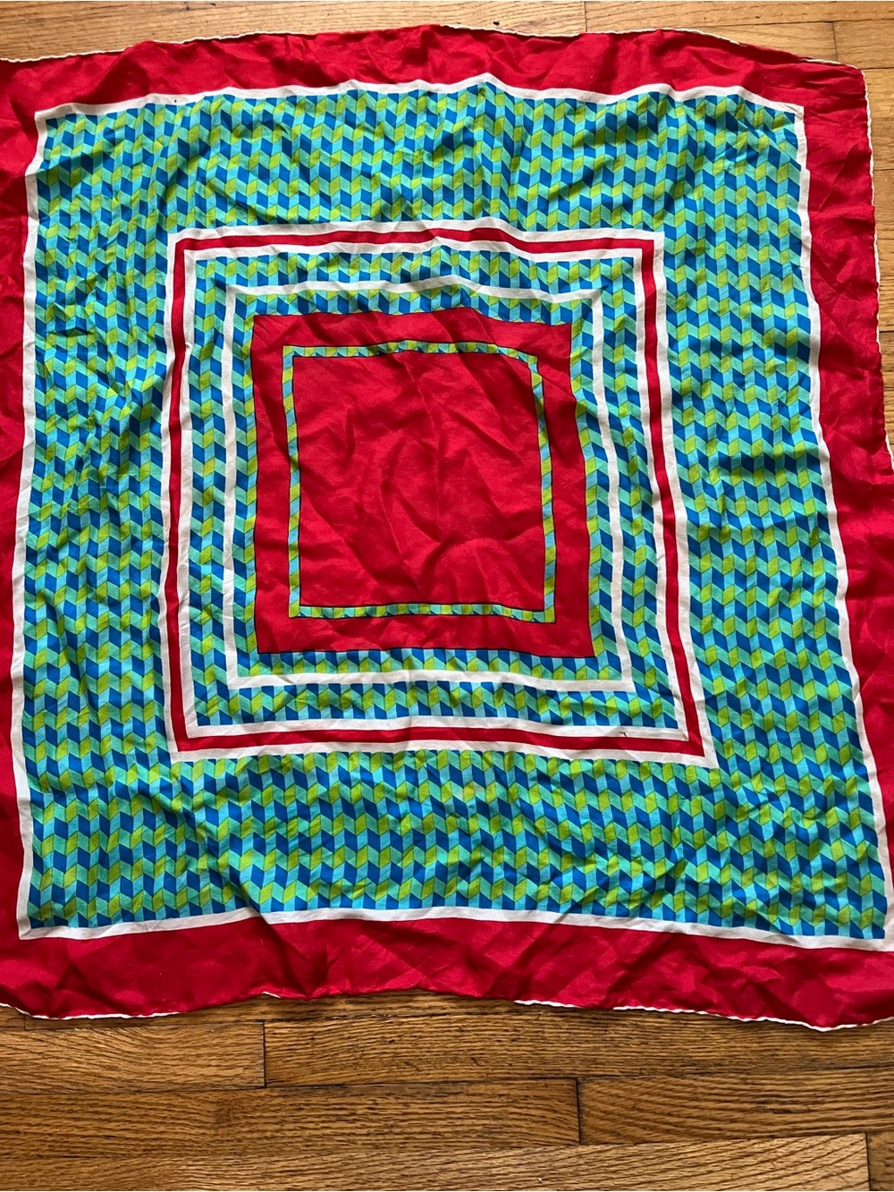 Vintage 60s 100% Silk Scarf Hand Rolled Edges Vibrant Color
Teal Blue Red Square